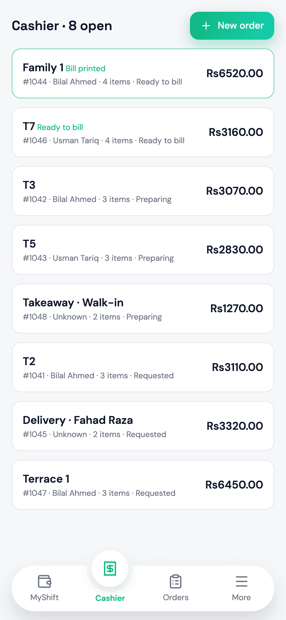 Cashier on the TapNtrade mobile app: Open orders, ready to bill.