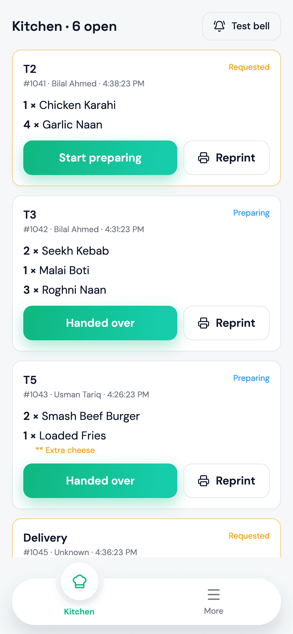 Kitchen on the TapNtrade mobile app: A tablet-friendly ticket board with a bell.